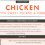 Dog food label with chicken, sweet potato, and herb ingredients on a white background
