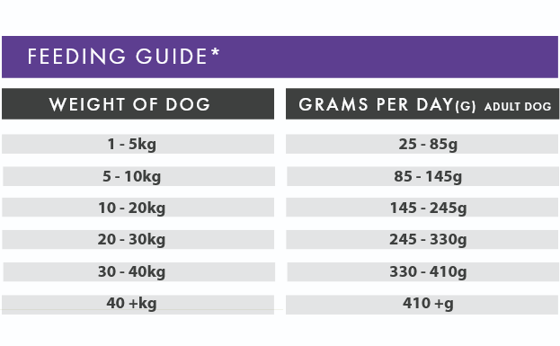 Feeding guide for dogs with weight-based daily grams required