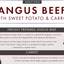 Dog food packaging label for Angus Beef with Sweet Potato & Carrot, featuring text and a cow illustration.