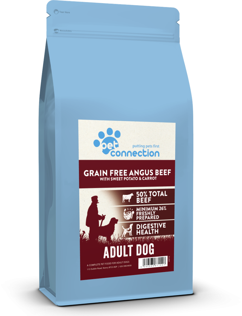 Dog food package with blue and red design on a white background