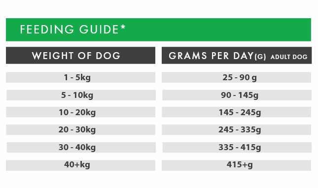 Feeding guide for dogs with weight categories and corresponding daily grams