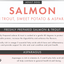 Dog food label for salmon with trout, sweet potato, and asparagus for adult dogs.