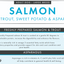 Dog food label for salmon with trout, sweet potato, and asparagus for adult dogs.