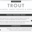Label for senior dog food with trout, salmon, sweet potato, and asparagus ingredients.