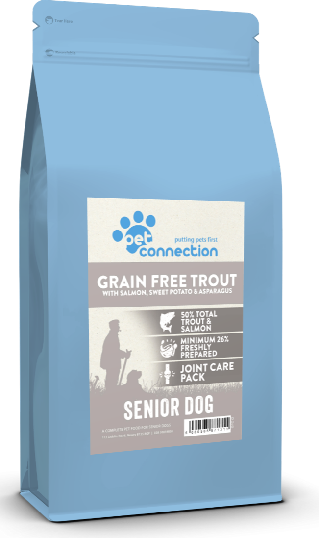 Pet connection grain-free trout senior dog food package on a white background