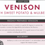 Dog food label for venison with sweet potato and mulberry, featuring text and a deer illustration.