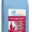 Dog food package with a blue and white label on a white background