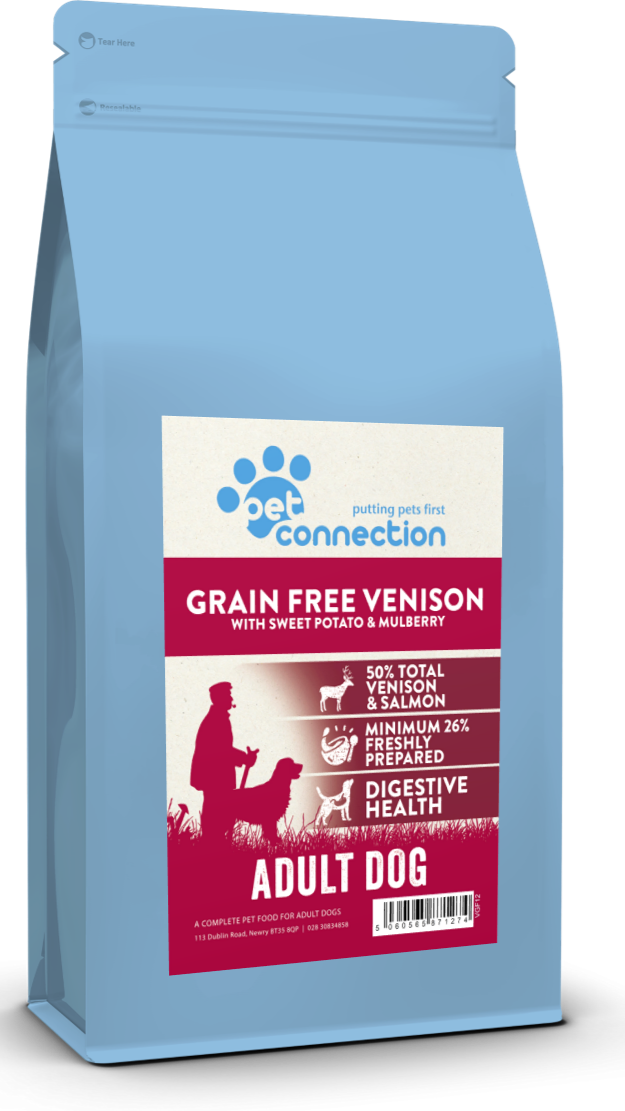 Dog food package with a blue and white label on a white background