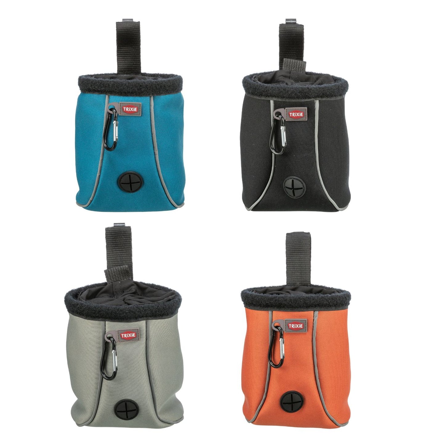 Four colorful dog treat bags with a twistable top on a white background
