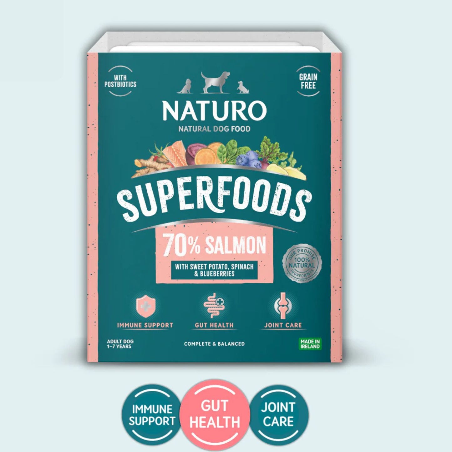 NATURO Superfoods natural dog food packaging on a light blue background