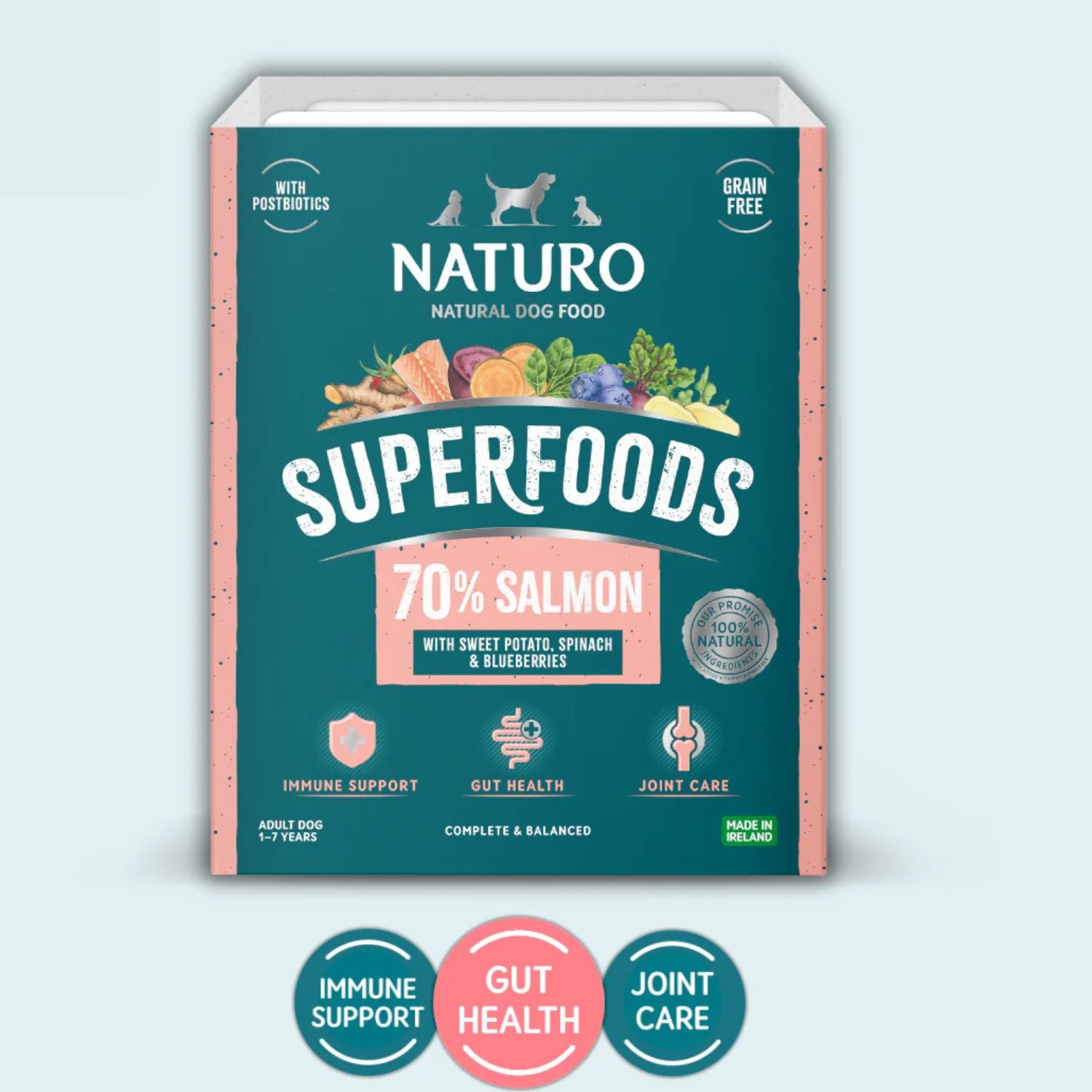 NATURO Superfoods natural dog food packaging on a light blue background