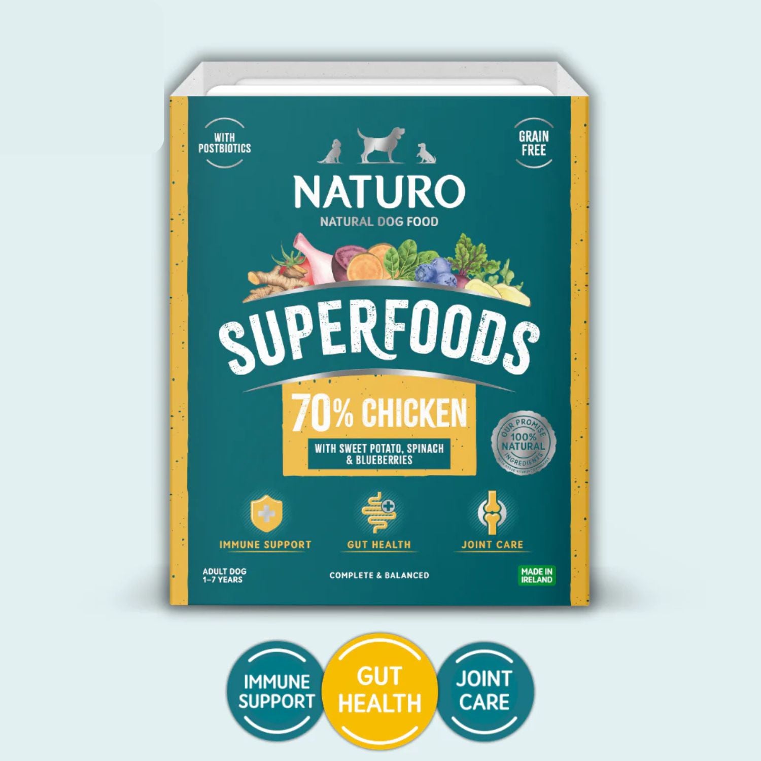 NATURO Superfoods natural dog food packaging on a light blue background