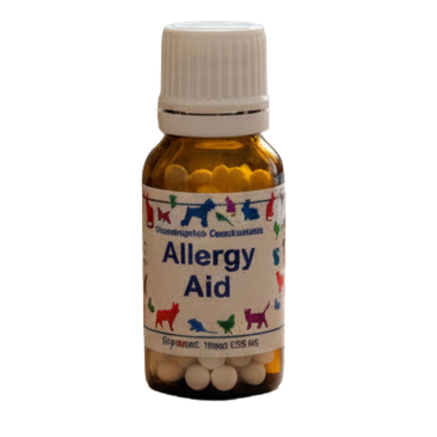 Bottle of allergy aid with colorful labels on a white background