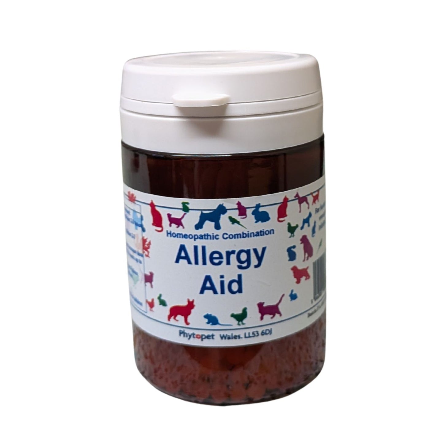 Jar of Allergy Aid with colorful labels on a white background