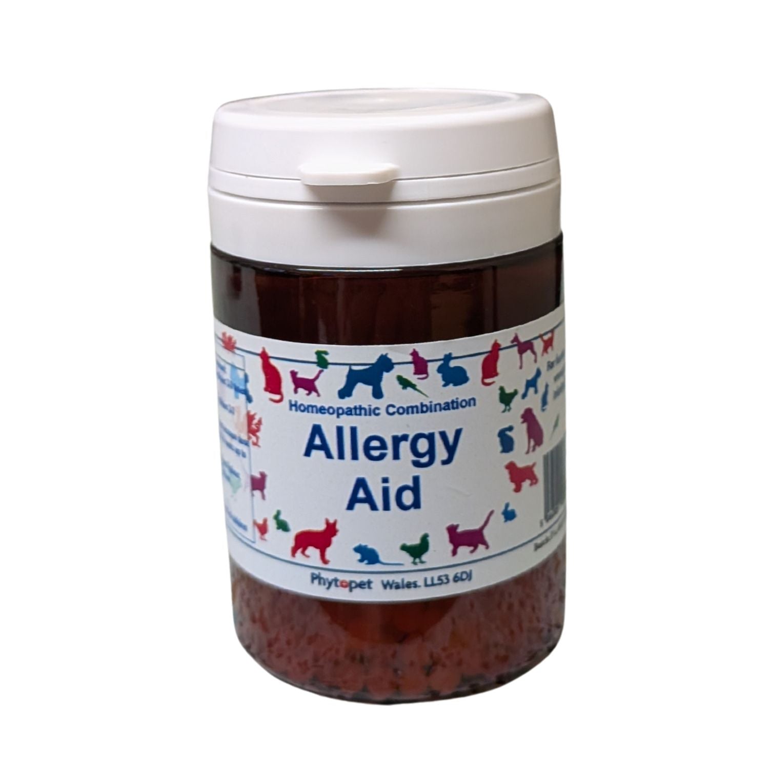 Jar of Allergy Aid with colorful labels on a white background