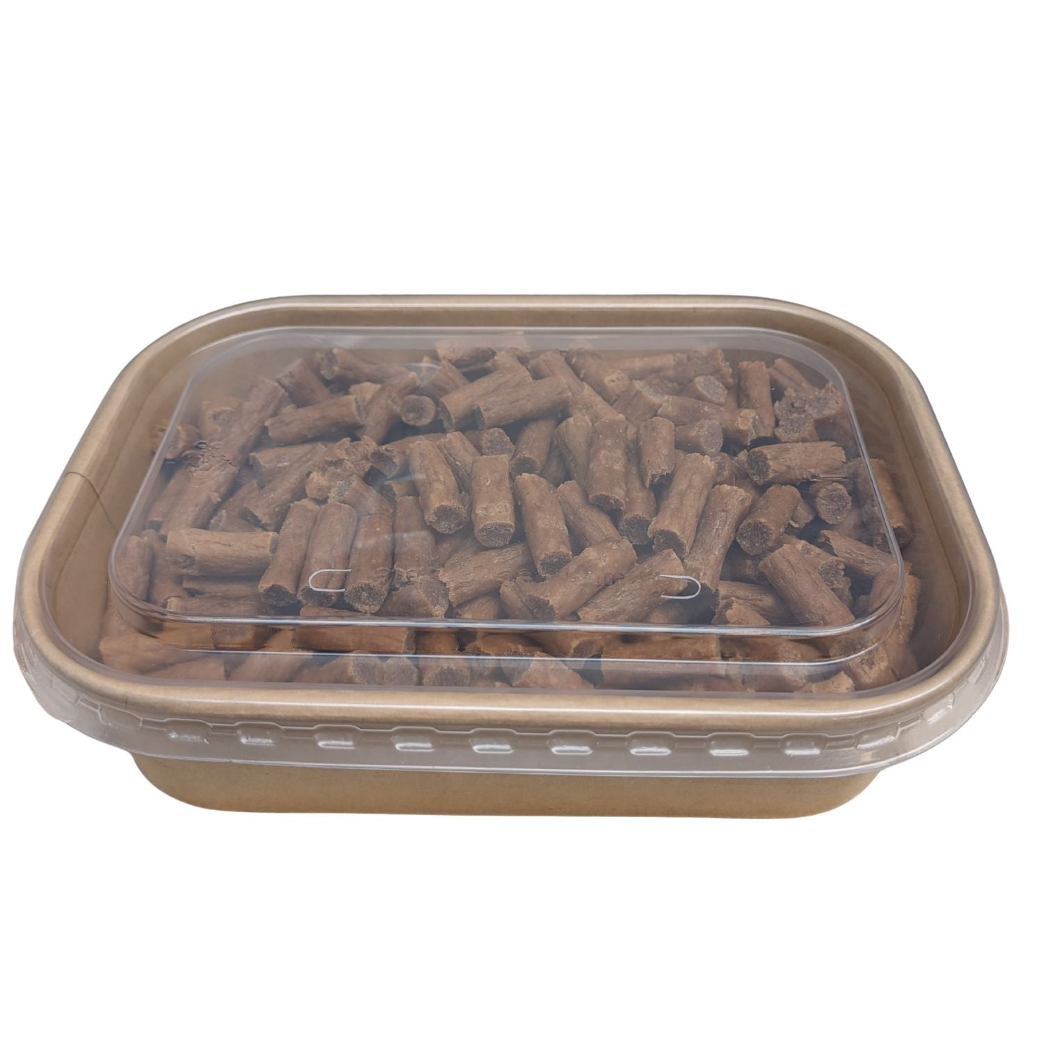 Container of brown dog treats with a clear lid on a white background