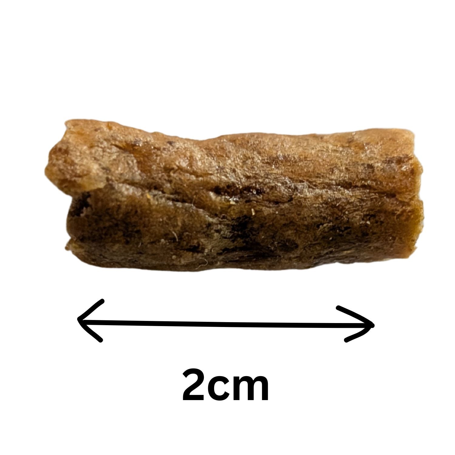 Brown cylindrical dog treat with measurement label '2cm' on a white background