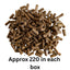 Pile of brown pet treats with text indicating quantity per box on a white background