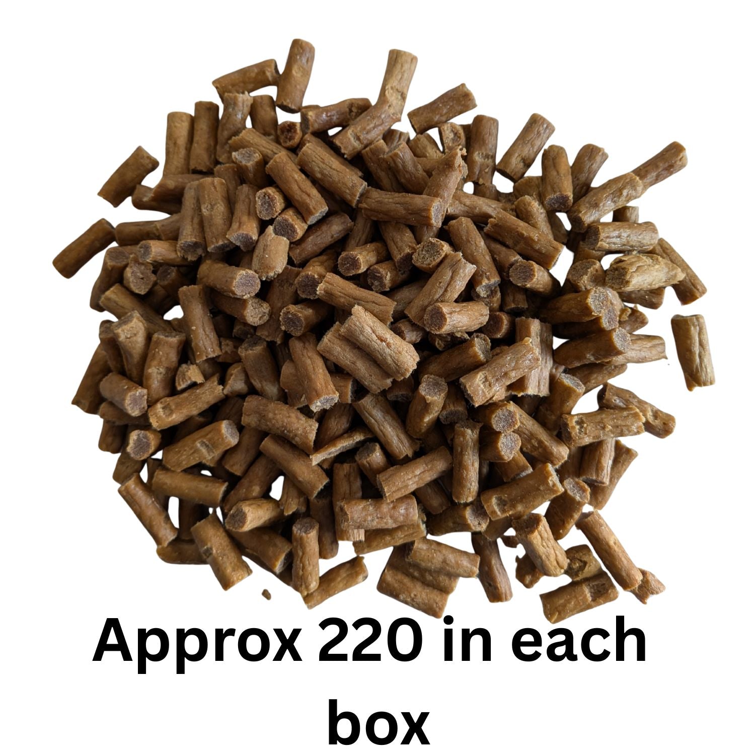 Pile of brown pet treats with text indicating quantity per box on a white background