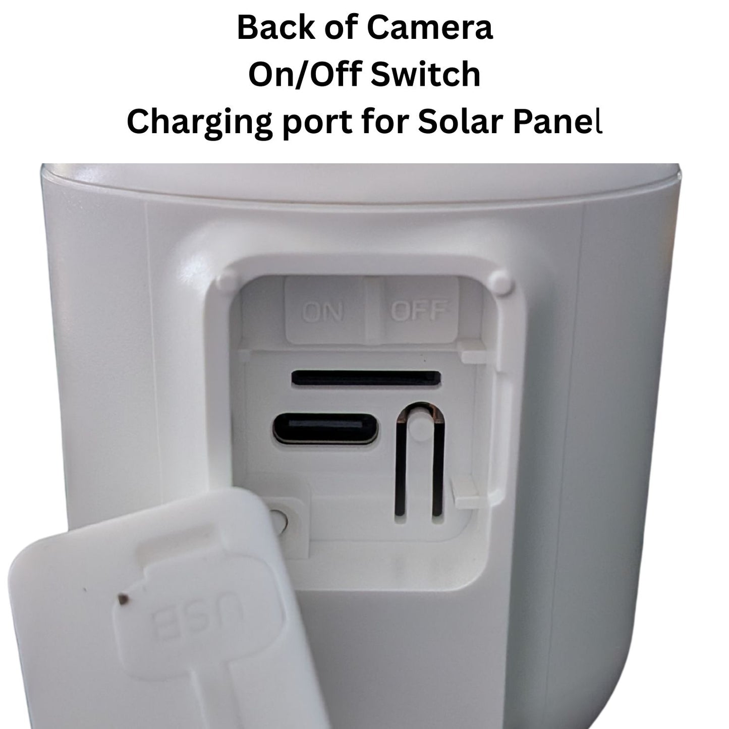 Back view of a device with on/off switch and solar panel charging port on a white background