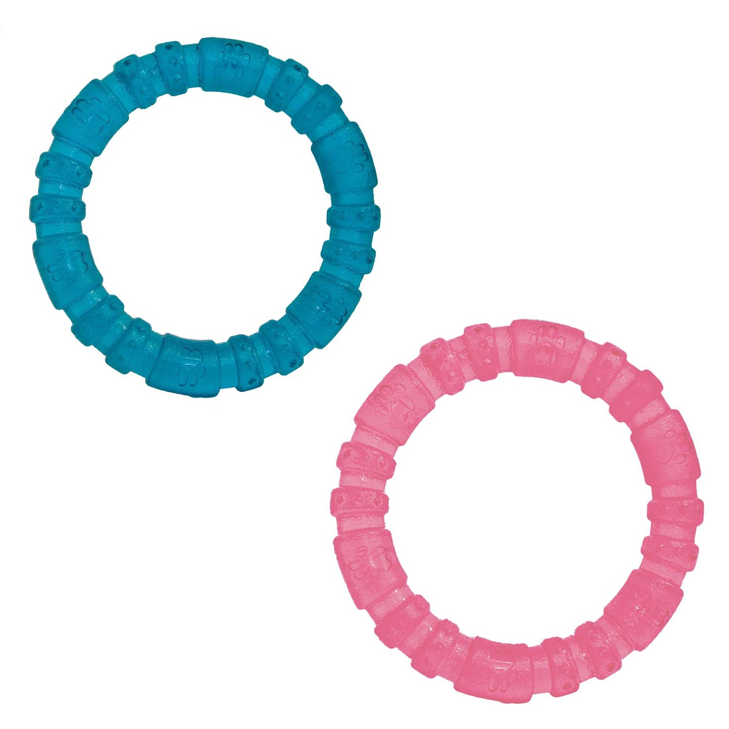 blue and pink biosafe puppy rings for teething puppies