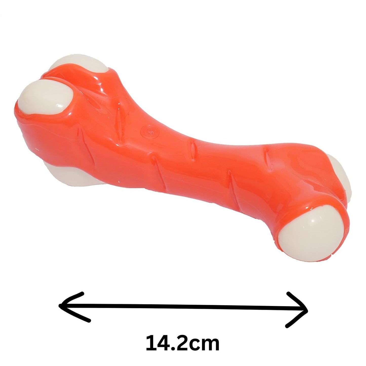 Red bone-shaped toy with white ends and measurement label on a white background