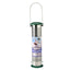 A hanging cylindrical bird feeder with a perforated metal body, green top and bottom caps, and a wire handle, shown on a plain white background. The front label reads 'Peckish All Weather Large Insect Seed Feeder'.