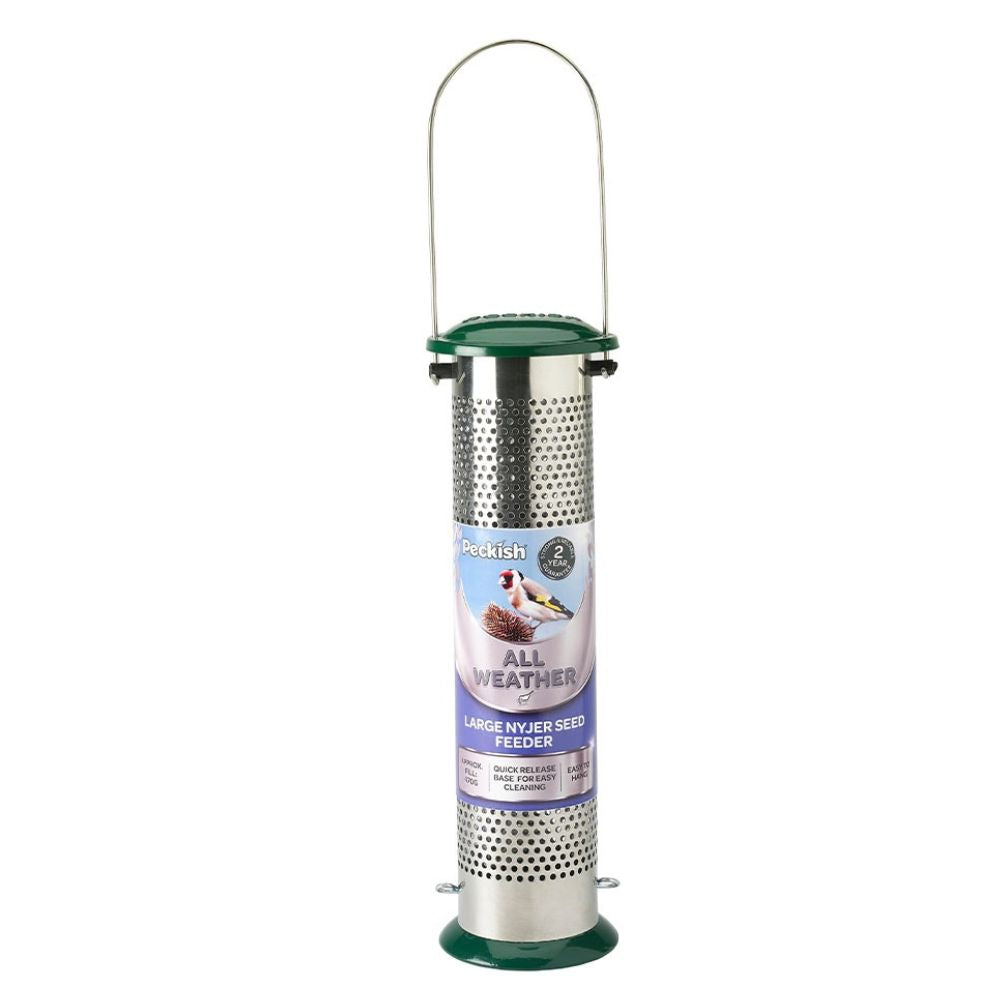 A hanging cylindrical bird feeder with a perforated metal body, green top and bottom caps, and a wire handle, shown on a plain white background. The front label reads 'Peckish All Weather Large Insect Seed Feeder'.