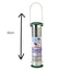 A cylindrical metal bird feeder with a hanging loop, green top and bottom caps, and a front label reading 'Peckish All Weather Large Insect Seed Feeder.' A black arrow and '30cm' text indicate the product's height on a plain white background.
