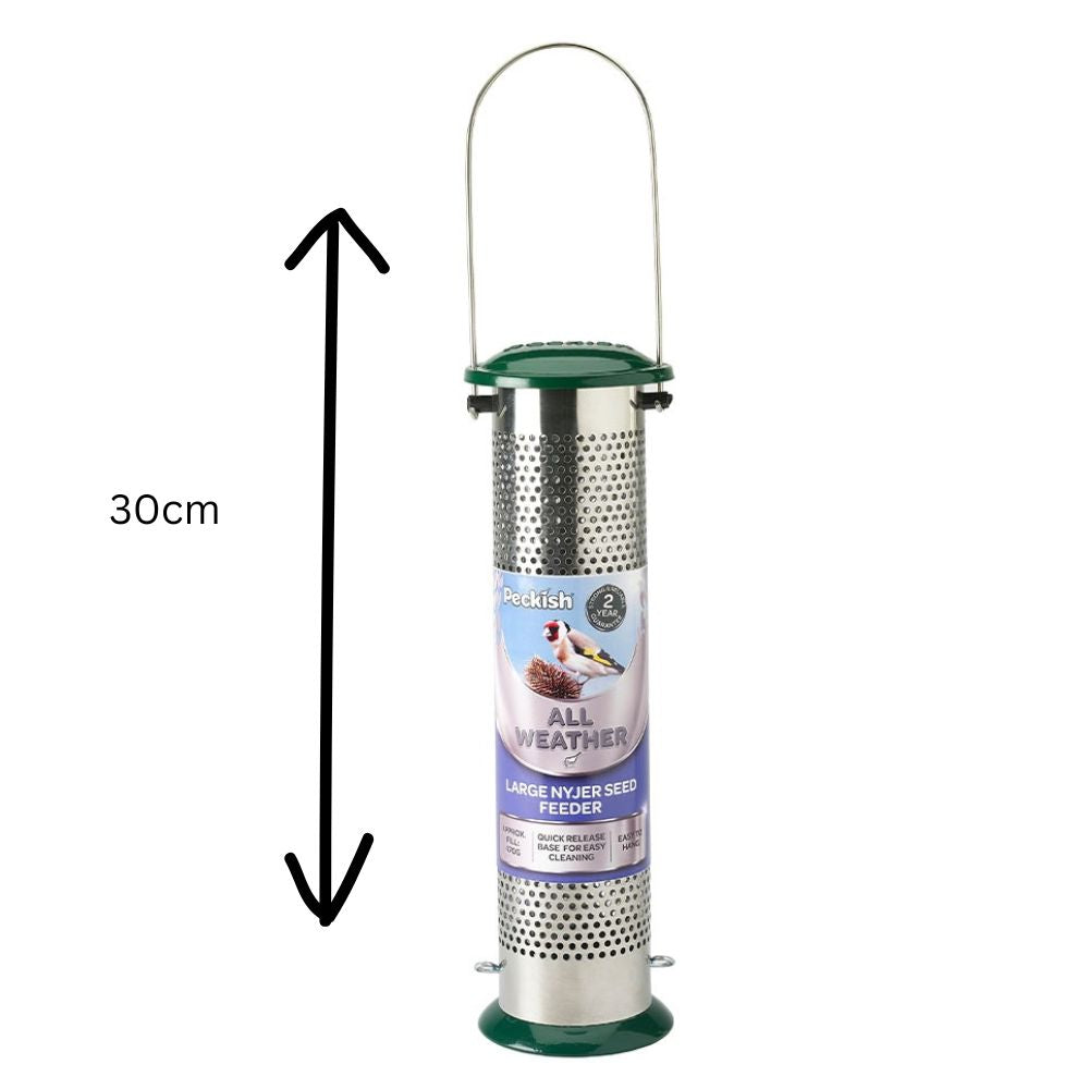 A cylindrical metal bird feeder with a hanging loop, green top and bottom caps, and a front label reading 'Peckish All Weather Large Insect Seed Feeder.' A black arrow and '30cm' text indicate the product's height on a plain white background.