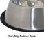 Stainless steel dog bowl with a non-slip rubber base on a white background