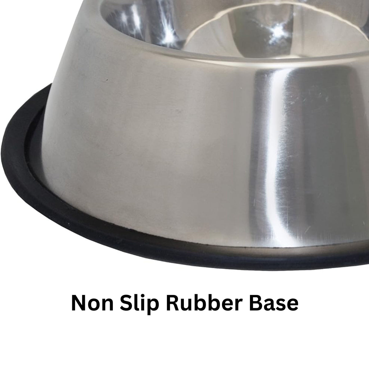 Stainless steel dog bowl with a non-slip rubber base on a white background