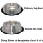 Two stainless steel dog bowls with text indicating differences.