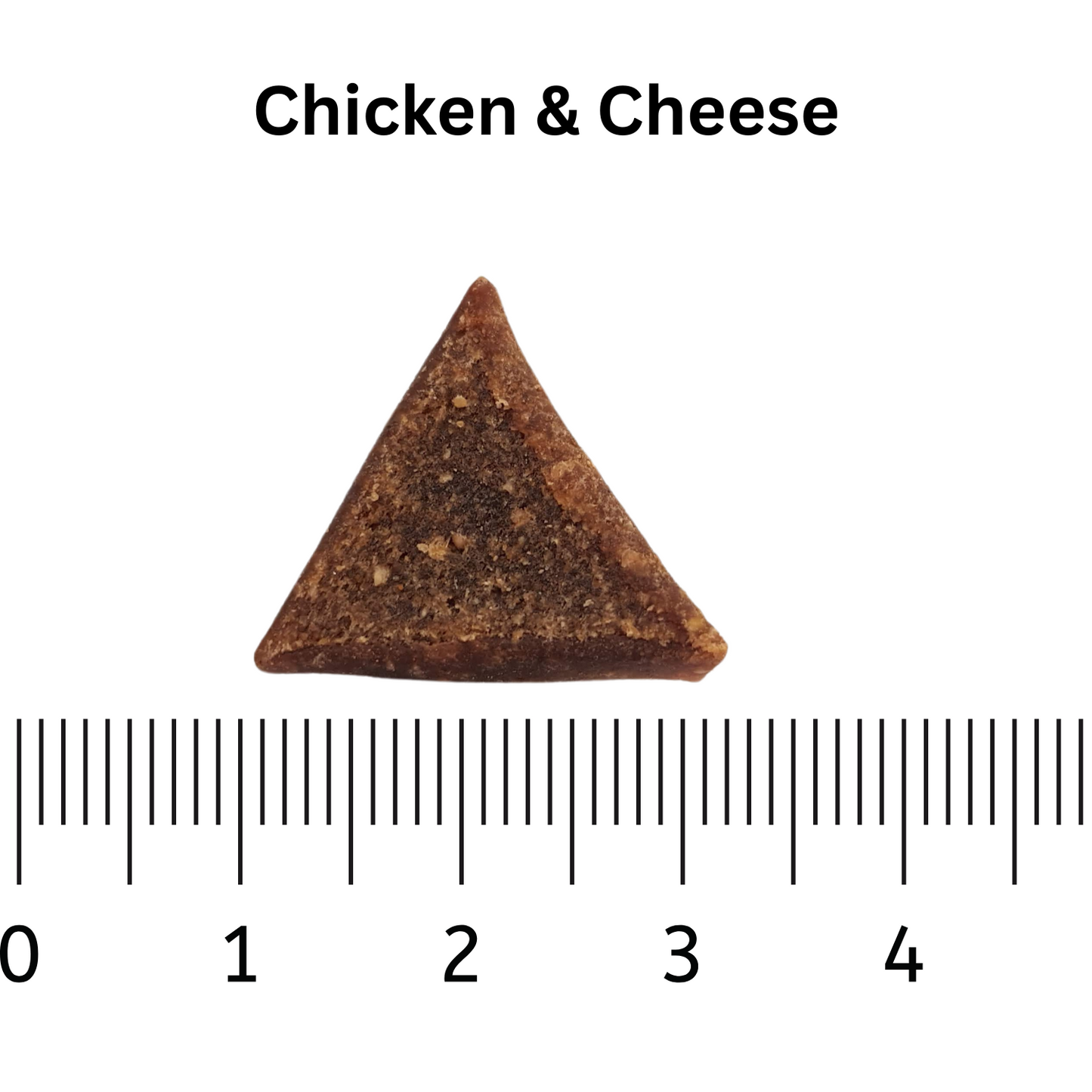Triangular piece of chicken and cheese snack with a ruler for scale on a white background