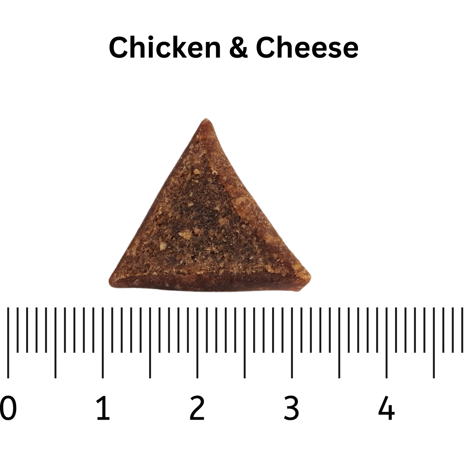 Triangular piece of chicken and cheese snack with a ruler for scale on a white background