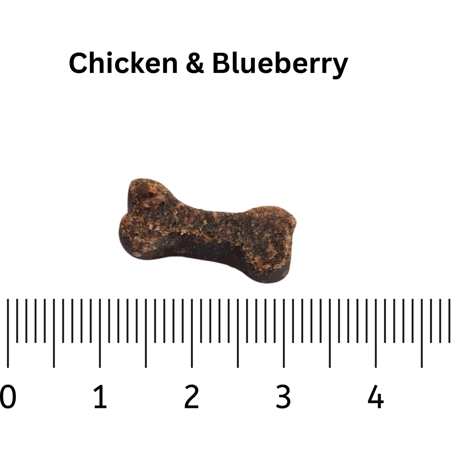 Dog treat shaped like a bone with 'Chicken & Blueberry' text above and a ruler below on a white background