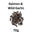 Small fish-like treats labeled 'Salmon & Wild Garlic' with a weight of 70g on a white background.