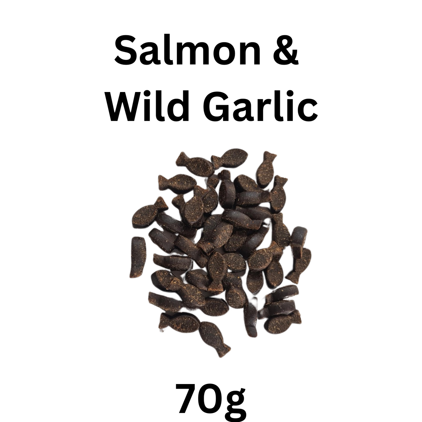Small fish-like treats labeled 'Salmon & Wild Garlic' with a weight of 70g on a white background.