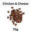 Dog food packets labeled 'Chicken & Cheese' with a weight of 70g on a white background