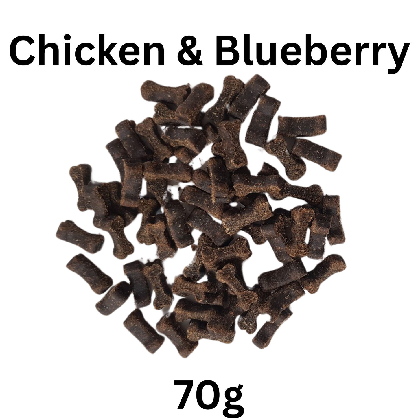 Dog treats labeled 'Chicken & Blueberry' with a weight of 70g on a white background