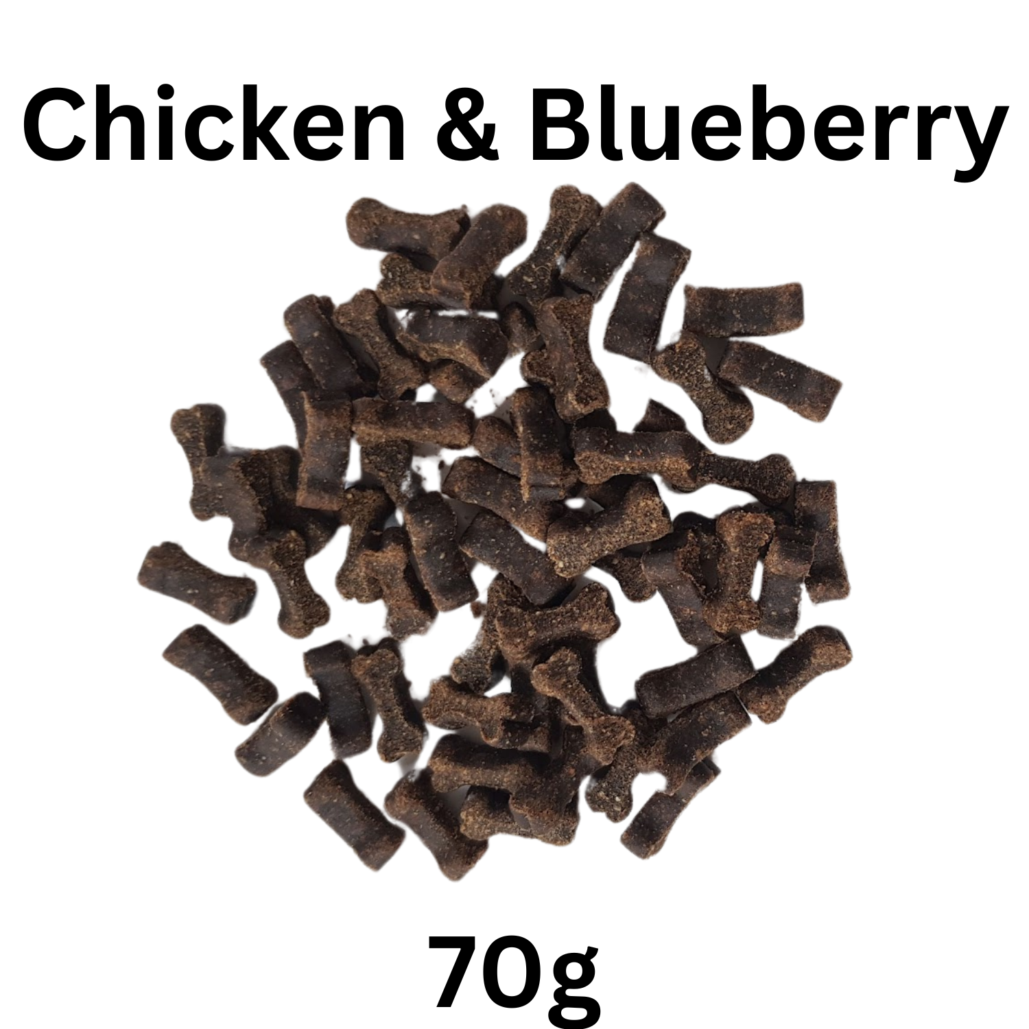 Dog treats labeled 'Chicken & Blueberry' with a weight of 70g on a white background