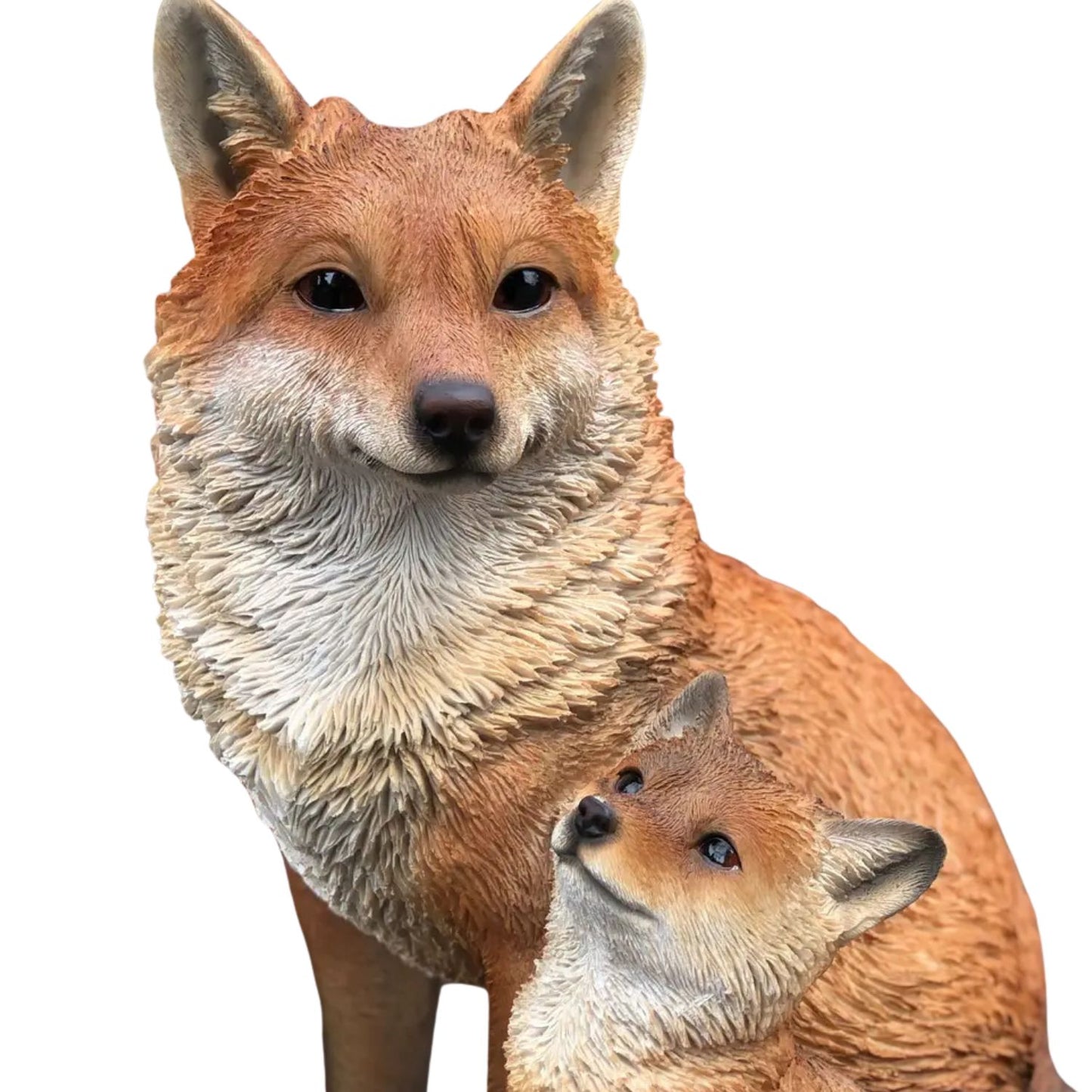 Vivid Arts Fox Cub with Mother A | Realistic Garden Ornament | Weatherproof Fox Statue
