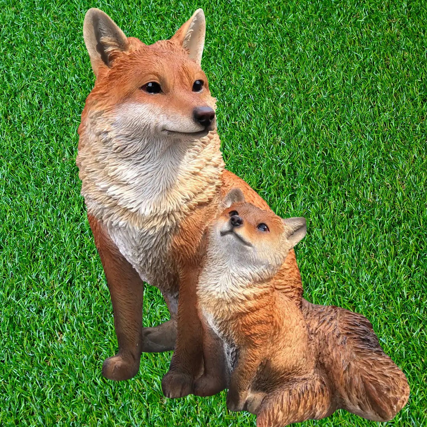 Vivid Arts Fox Cub with Mother A | Realistic Garden Ornament | Weatherproof Fox Statue