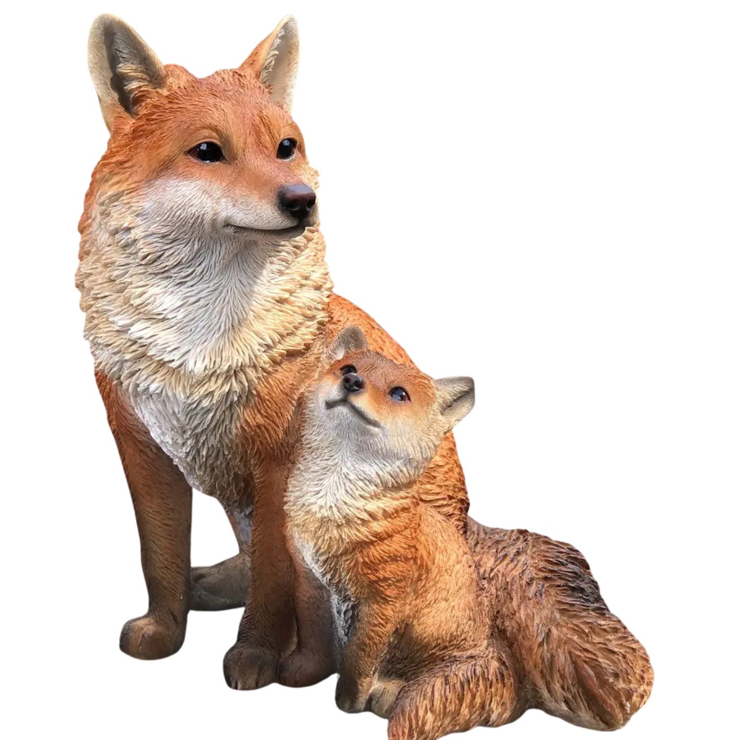 Vivid Arts Fox Cub with Mother A | Realistic Garden Ornament | Weatherproof Fox Statue