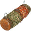 A double-sided pet treat made of wood, with one side carrot-flavored and the other side parsley-flavored, attached to a metal hook.