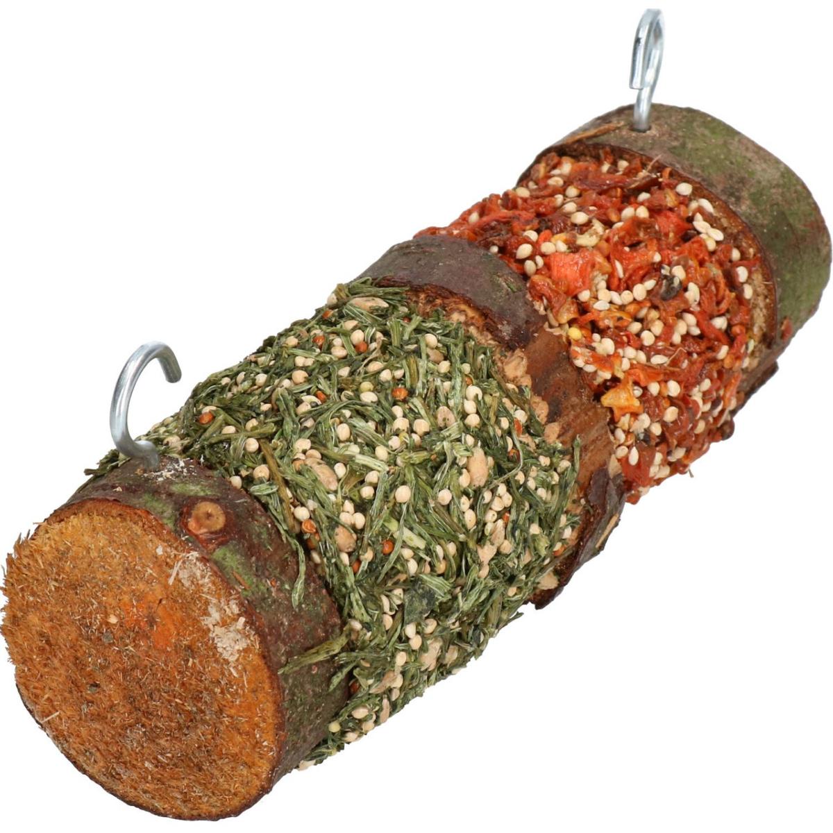 A double-sided pet treat made of wood, with one side carrot-flavored and the other side parsley-flavored, attached to a metal hook.