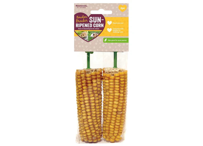 Two corn on the cob in a package with a brand label on a white background