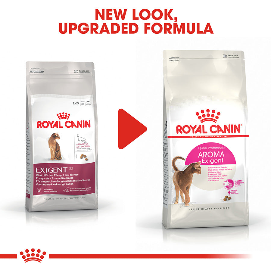 Two packages of Royal Canin Exigent cat food with a red play button graphic.