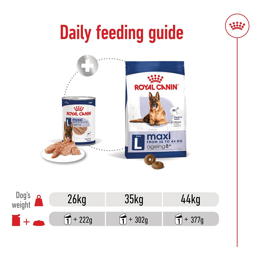 Royal Canin maxi ageing 8+ dog food packaging with daily feeding guide on a white background