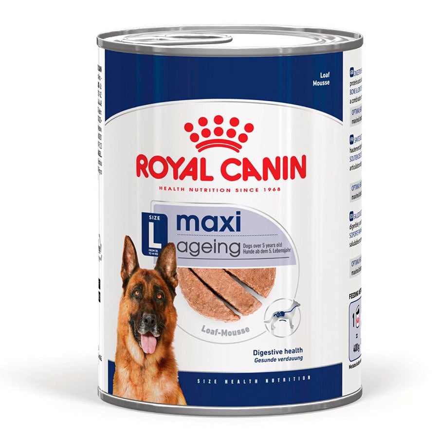 Royal Canin maxi ageing dog food can on a white background